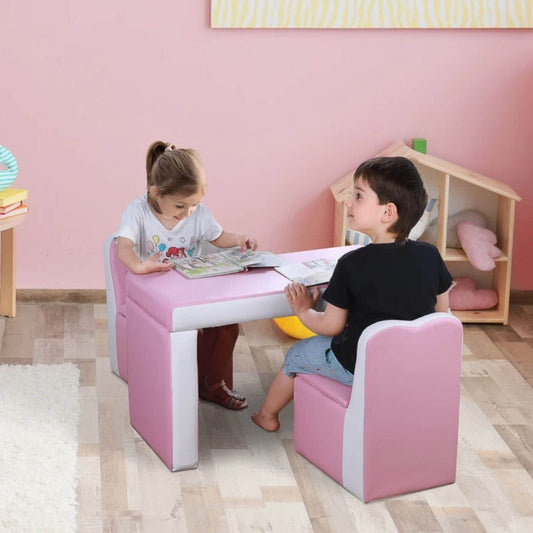 Kids Sitting at Qaba Kids 2-in-1 Multi-Functional Play Table & 2 Chair Set, Couch Storage Box, Pink