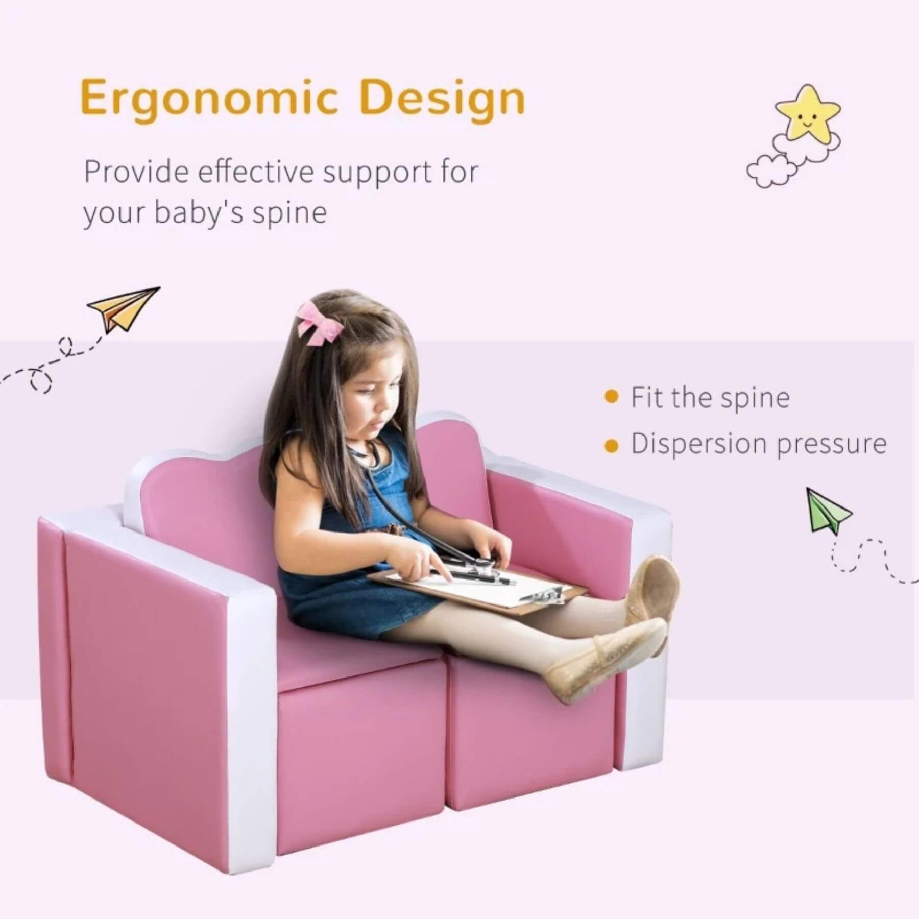 Girl Sitting on Qaba Kids 2-in-1 Multi-Functional Play Table & 2 Chair Set, Couch Storage Box, Pink