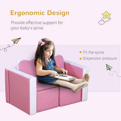Girl Sitting on Qaba Kids 2-in-1 Multi-Functional Play Table & 2 Chair Set, Couch Storage Box, Pink
