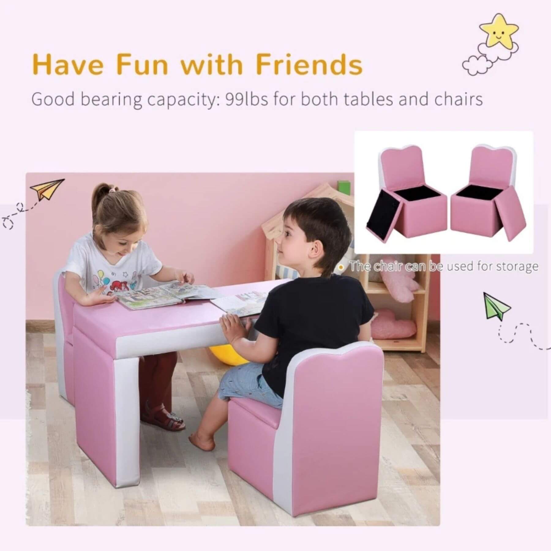 Kids Sitting at Qaba Kids 2-in-1 Multi-Functional Play Table & 2 Chair Set, Couch Storage Box, Pink