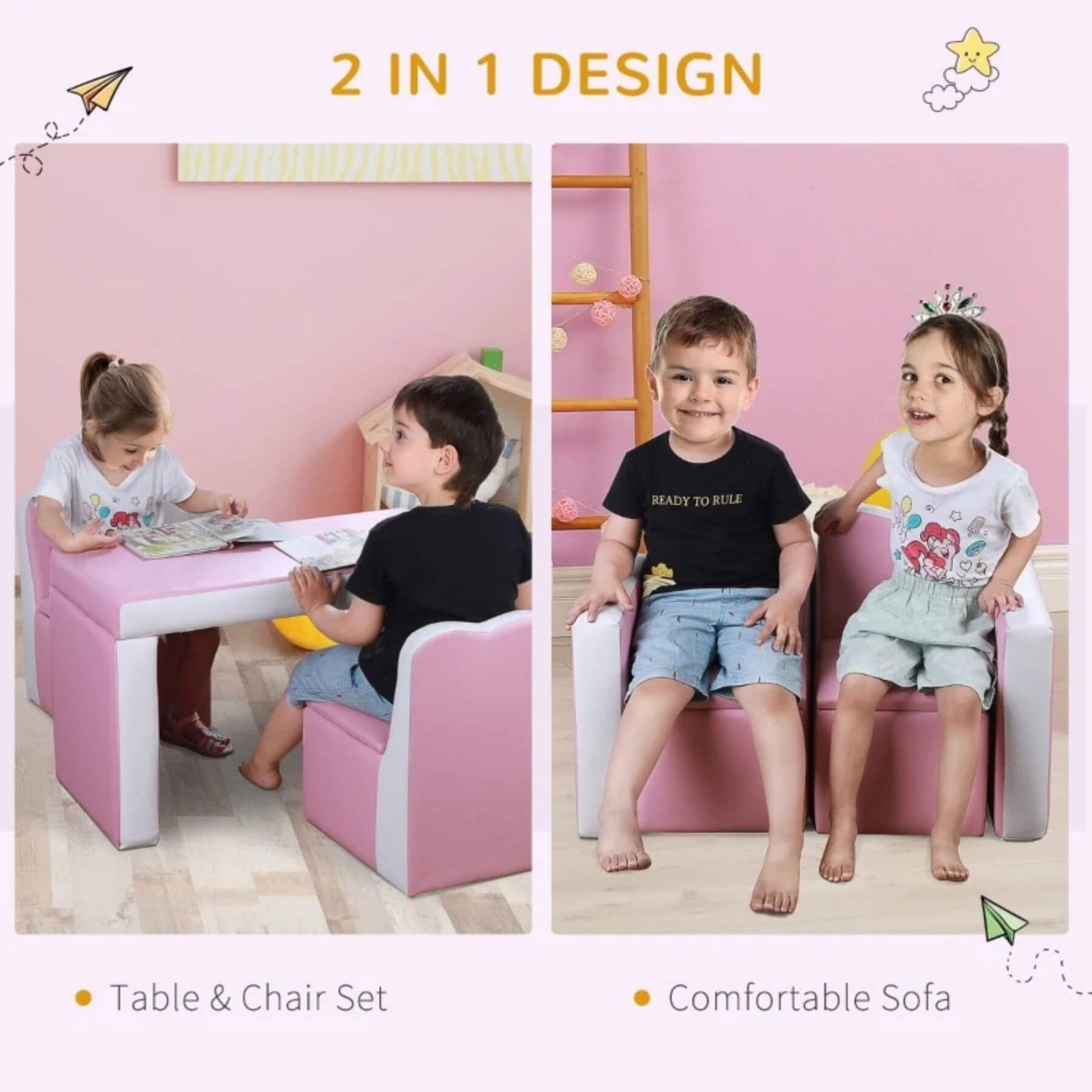 Kids Sitting on Qaba Kids 2-in-1 Multi-Functional Play Table & 2 Chair Set, Couch Storage Box, Pink