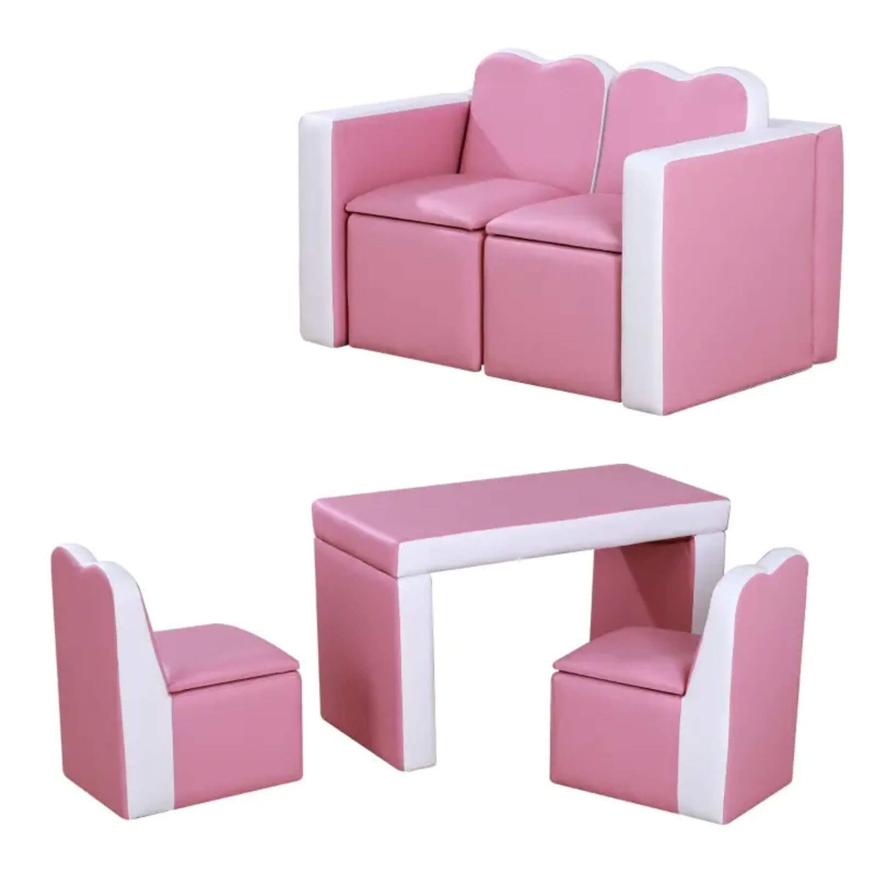 Qaba Kids 2-in-1 Multi-Functional Play Table & 2 Chair Set, Couch Storage Box, Pink