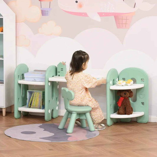 Girl Sitting at Qaba Kids Activity Desk with Bookshelf & Storage Green and White