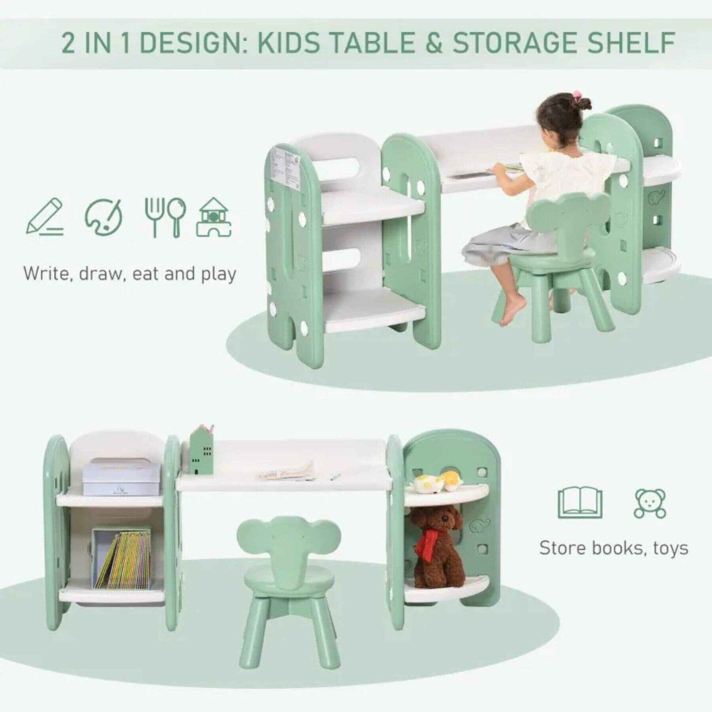 Qaba Kids Activity Desk with Bookshelf & Storage Green and White