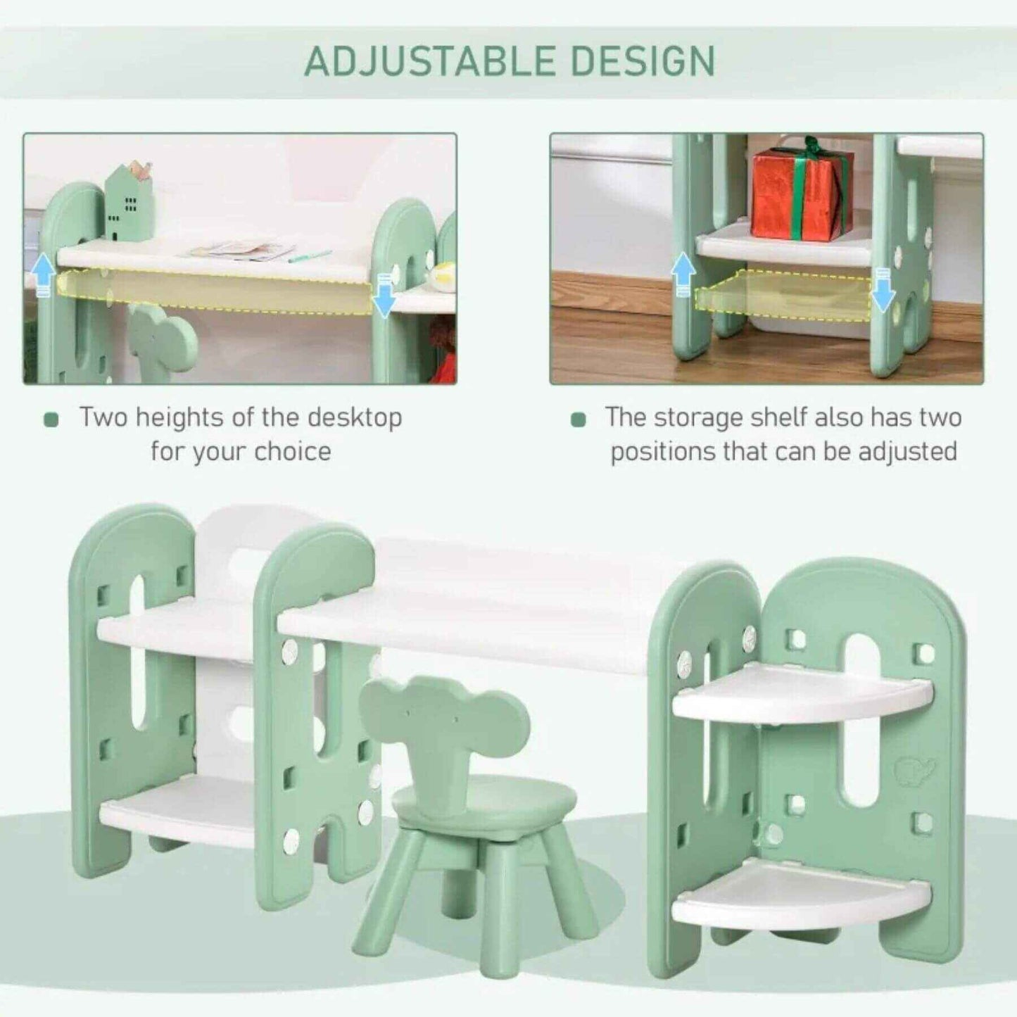 Qaba Kids Activity Desk with Bookshelf & Storage Green and White