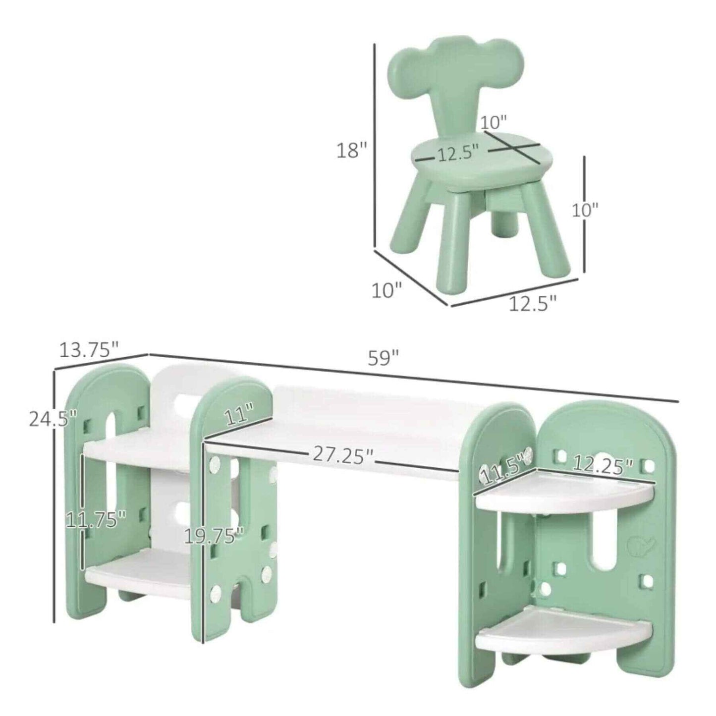 Qaba Kids Activity Desk with Bookshelf & Storage Green and White