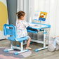 Girl Studying at Qaba Kids Activity Desk with USB Light, Storage Drawer, Blue