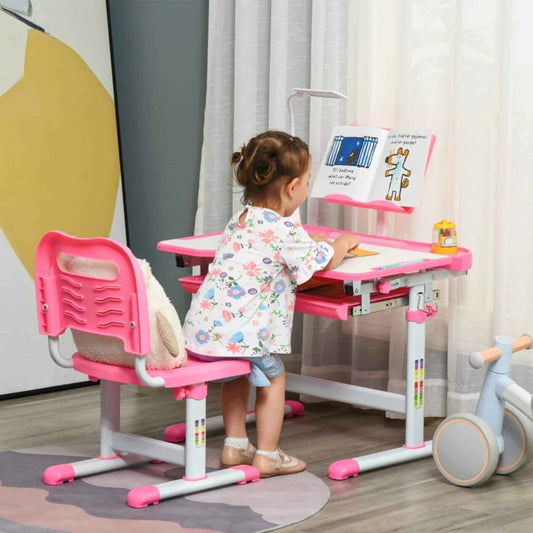 Girl Studying at Qaba Kids Activity Desk with USB Light, Storage Drawer, Pink