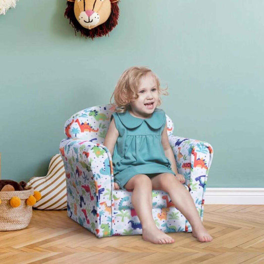 Girl Sitting on Qaba Kid's Armchair with Dinosaur Design and Thick Padding, Multi-Colored