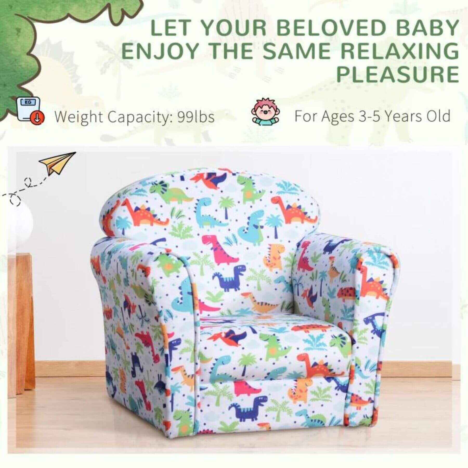 Qaba Kid's Armchair with Dinosaur Design and Thick Padding, Multi-Colored