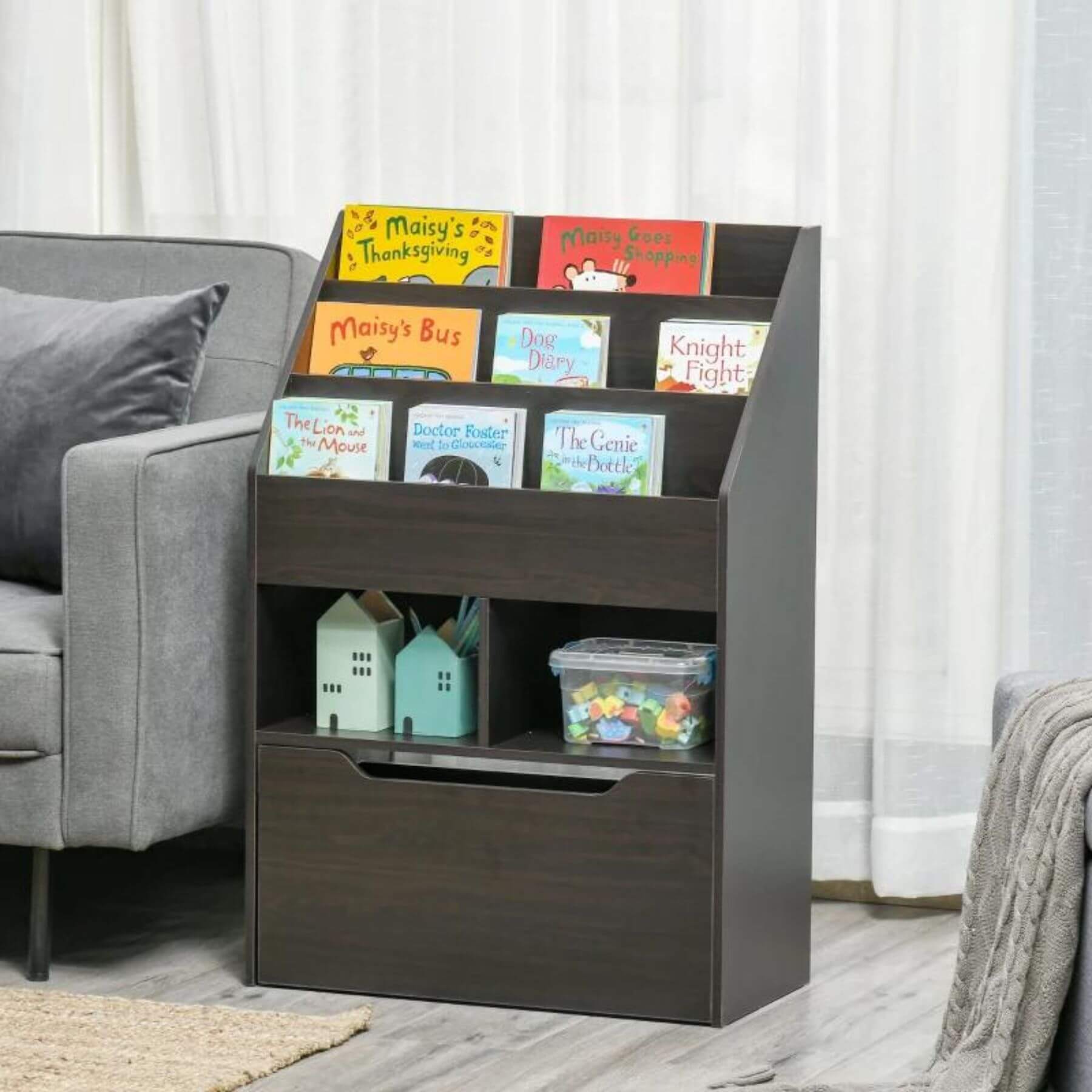 HOMCOM Kids Bookcase Multi-Shelf Book Rack with Mobile Drawer Brown