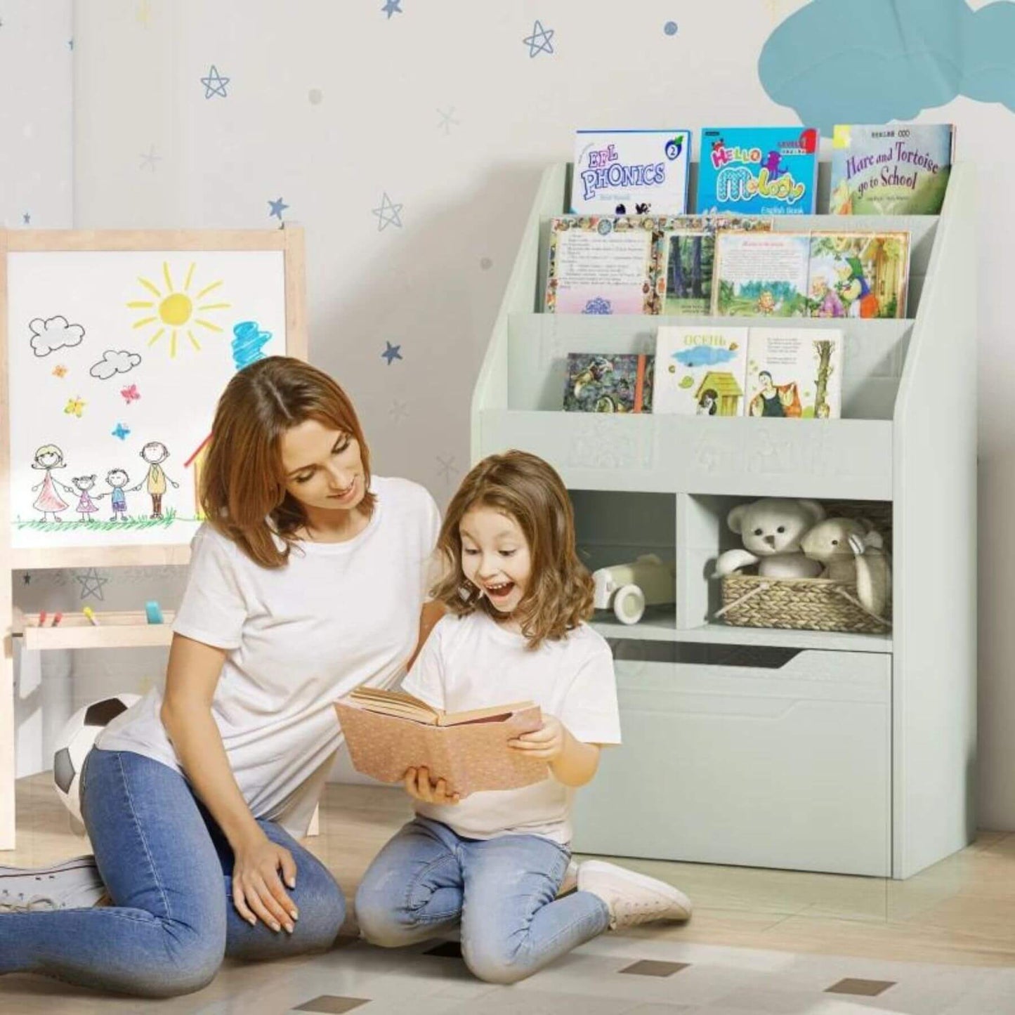 Mom & Kid Reading in front of HOMCOM Kids Bookcase Multi-Shelf Book Rack with Mobile Drawer Pale Green