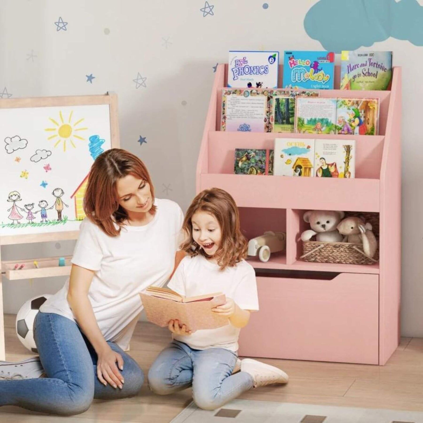 Mom & Kid Reading in front of HOMCOM Kids Bookcase Multi-Shelf Book Rack with Mobile Drawer Pink