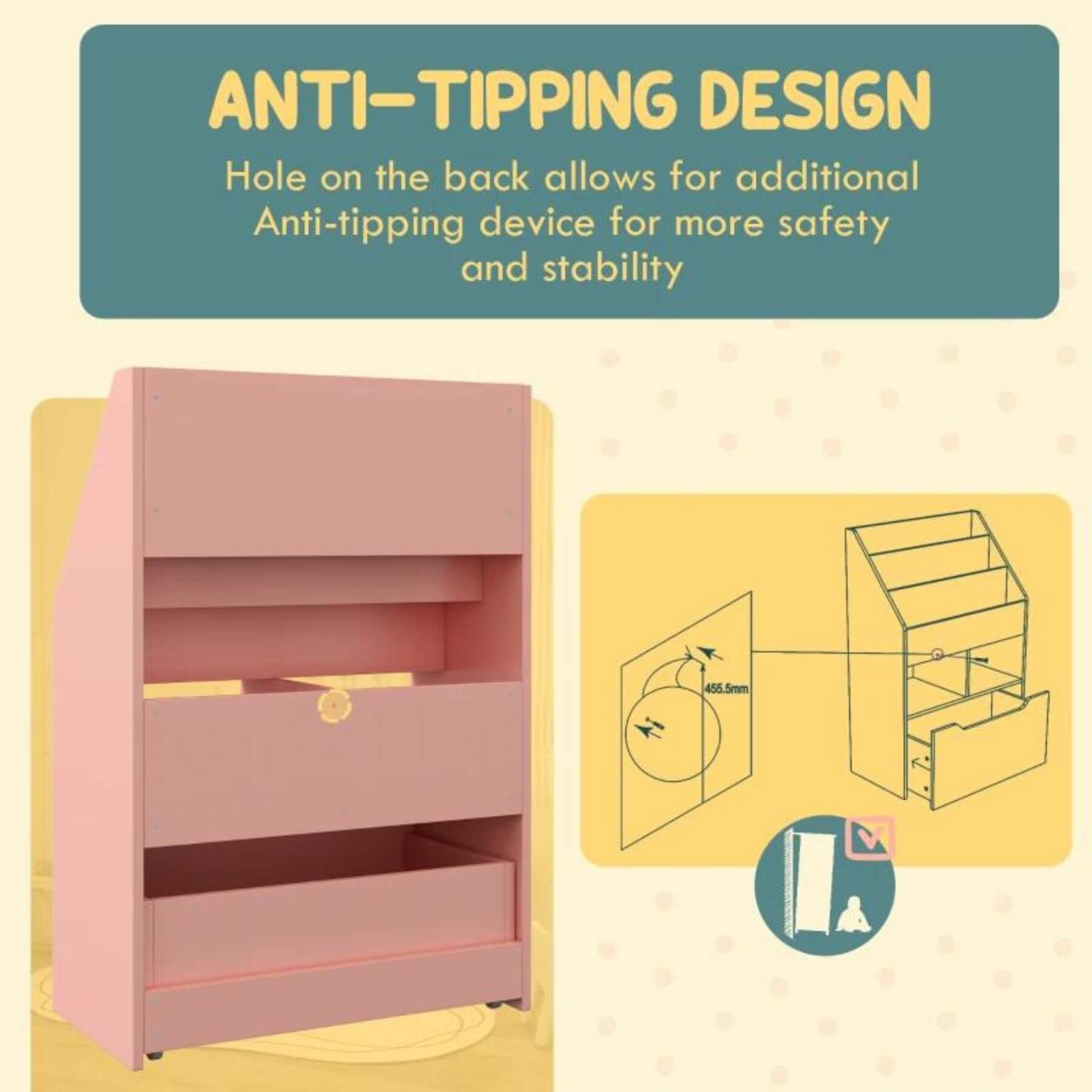 Anti-Tipping Design HOMCOM Kids Bookcase Multi-Shelf Book Rack with Mobile Drawer Pink