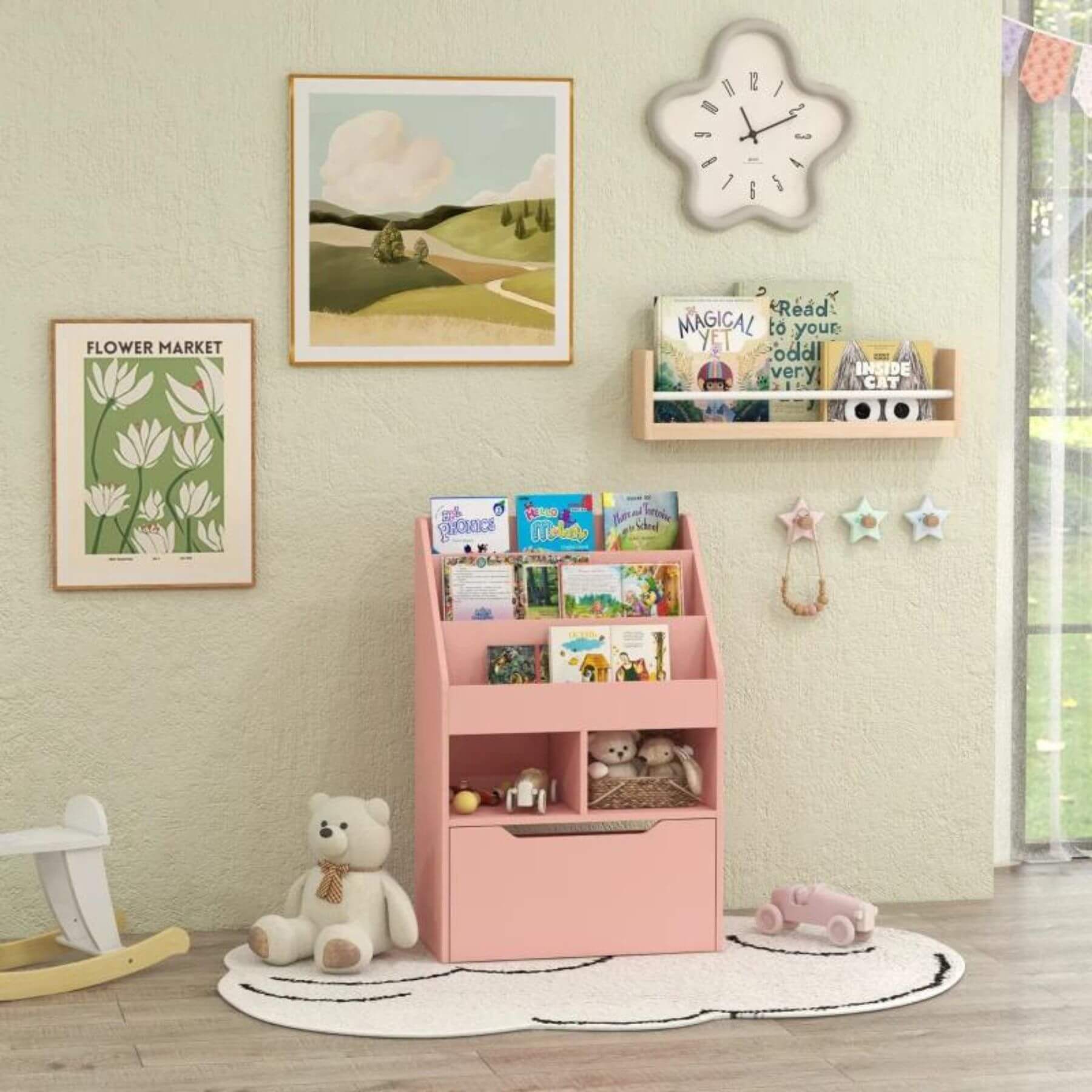 HOMCOM Kids Bookcase Multi-Shelf Book Rack with Mobile Drawer Pink