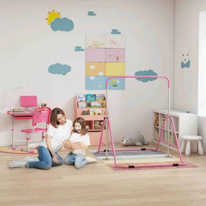 Mom & Kid Reading in front of HOMCOM Kids Bookcase Multi-Shelf Book Rack with Mobile Drawer Pink