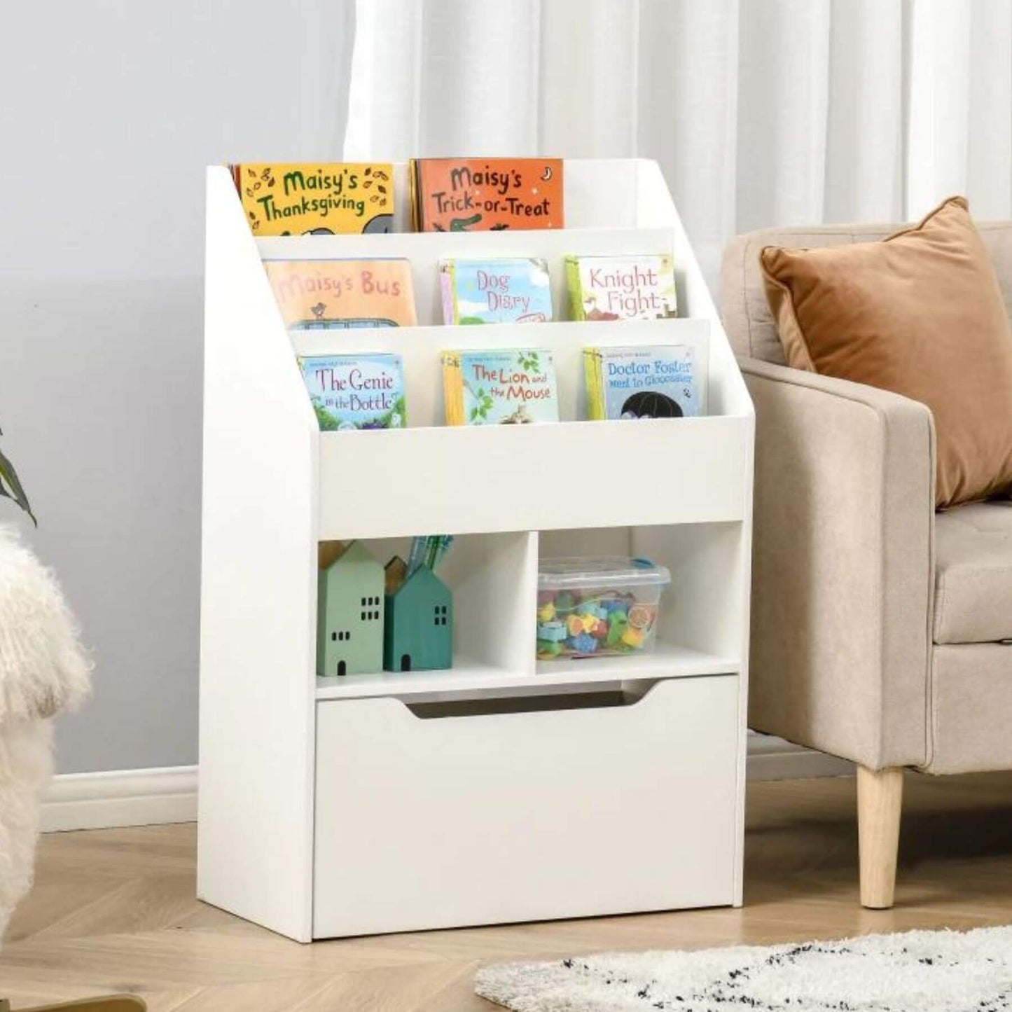 HOMCOM Kids Bookcase Multi-Shelf Book Rack with Mobile Drawer White