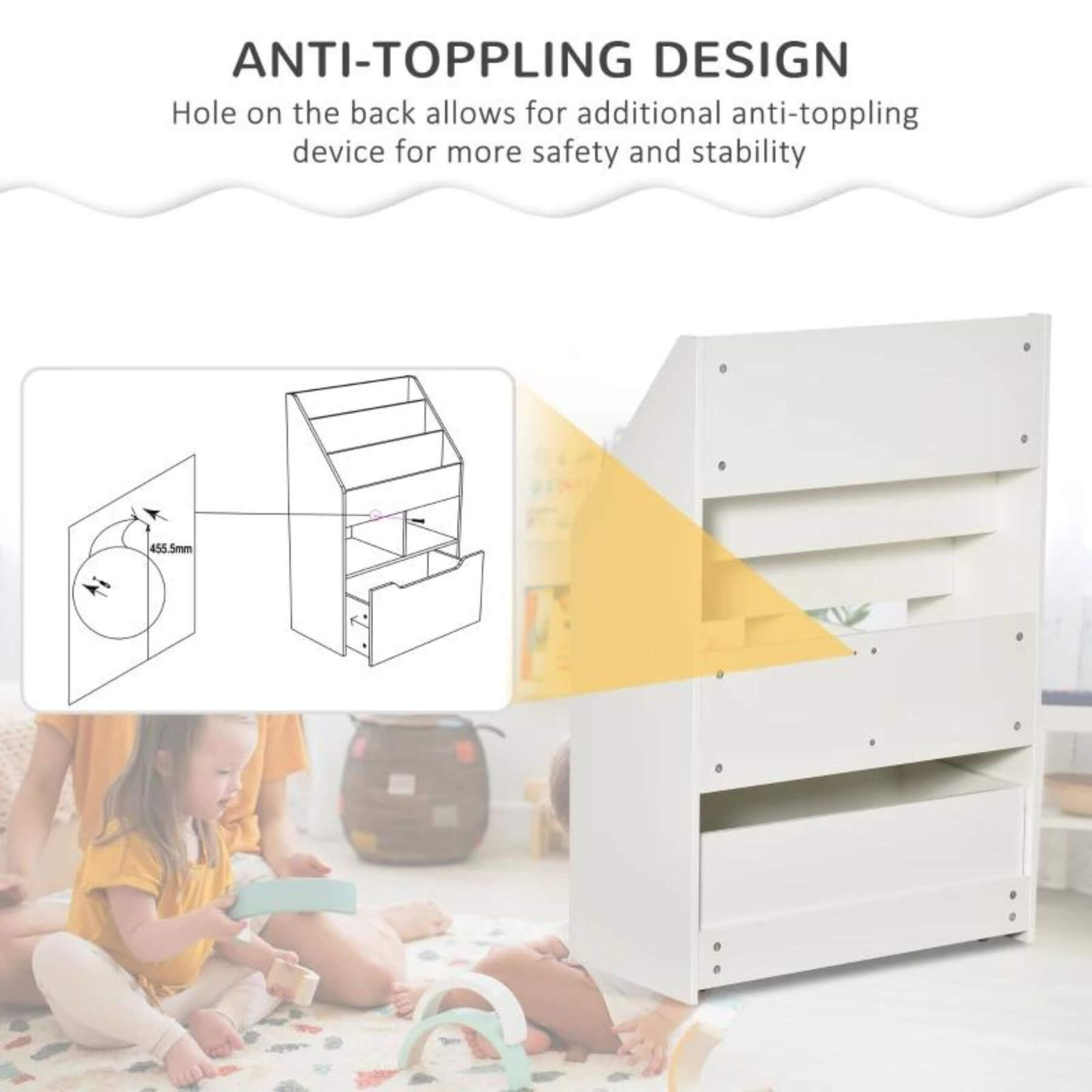 Anti-Topping Design for HOMCOM Kids Bookcase Multi-Shelf Book Rack with Mobile Drawer White