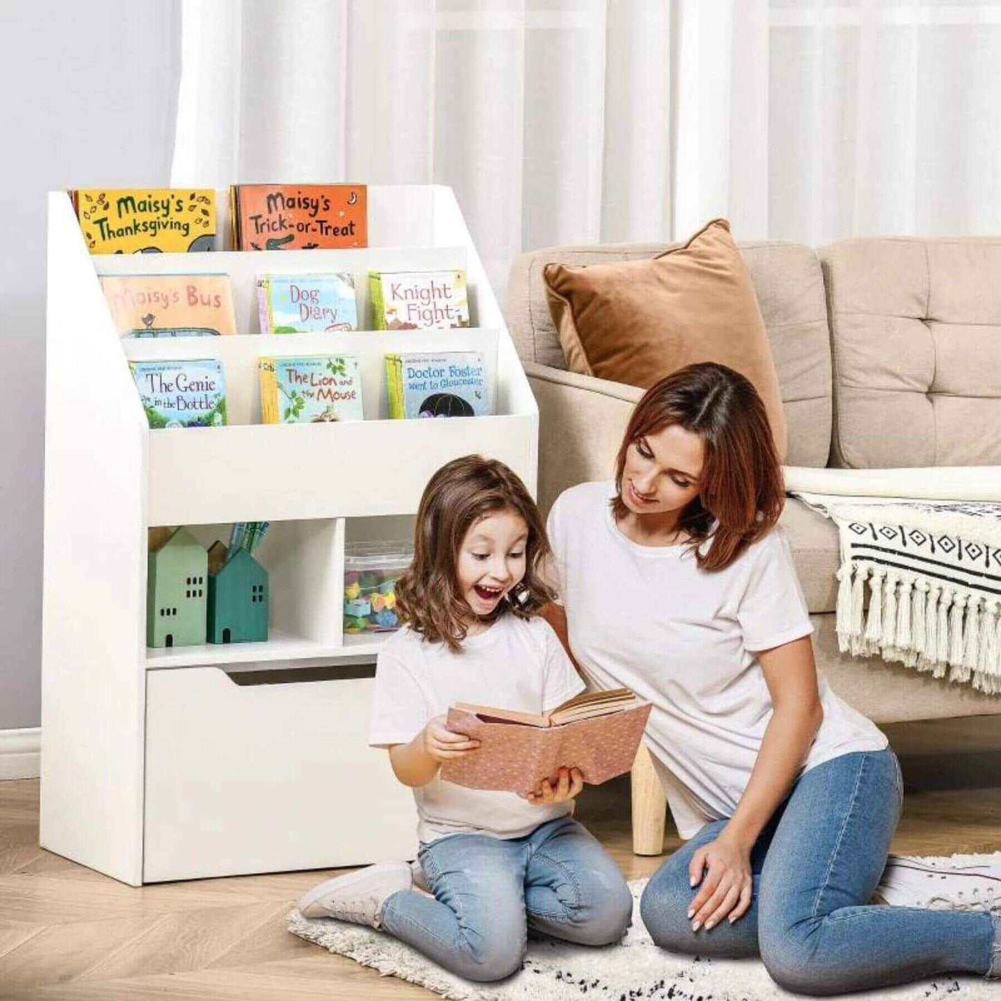 Mom & Kid Reading in front of HOMCOM Kids Bookcase Multi-Shelf Book Rack with Mobile Drawer White