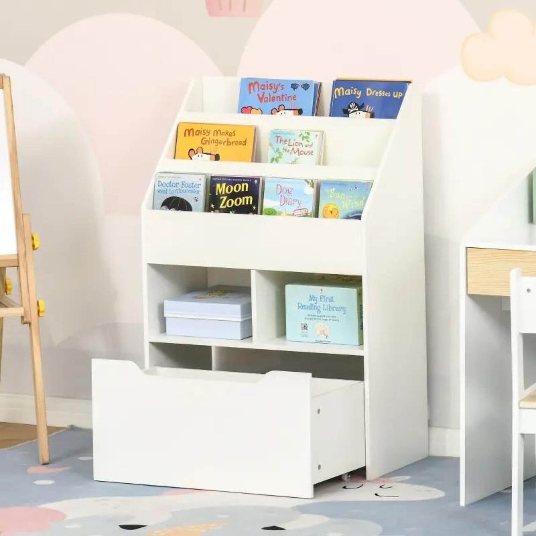 HOMCOM Kids Bookcase Multi-Shelf Book Rack with Mobile Drawer White