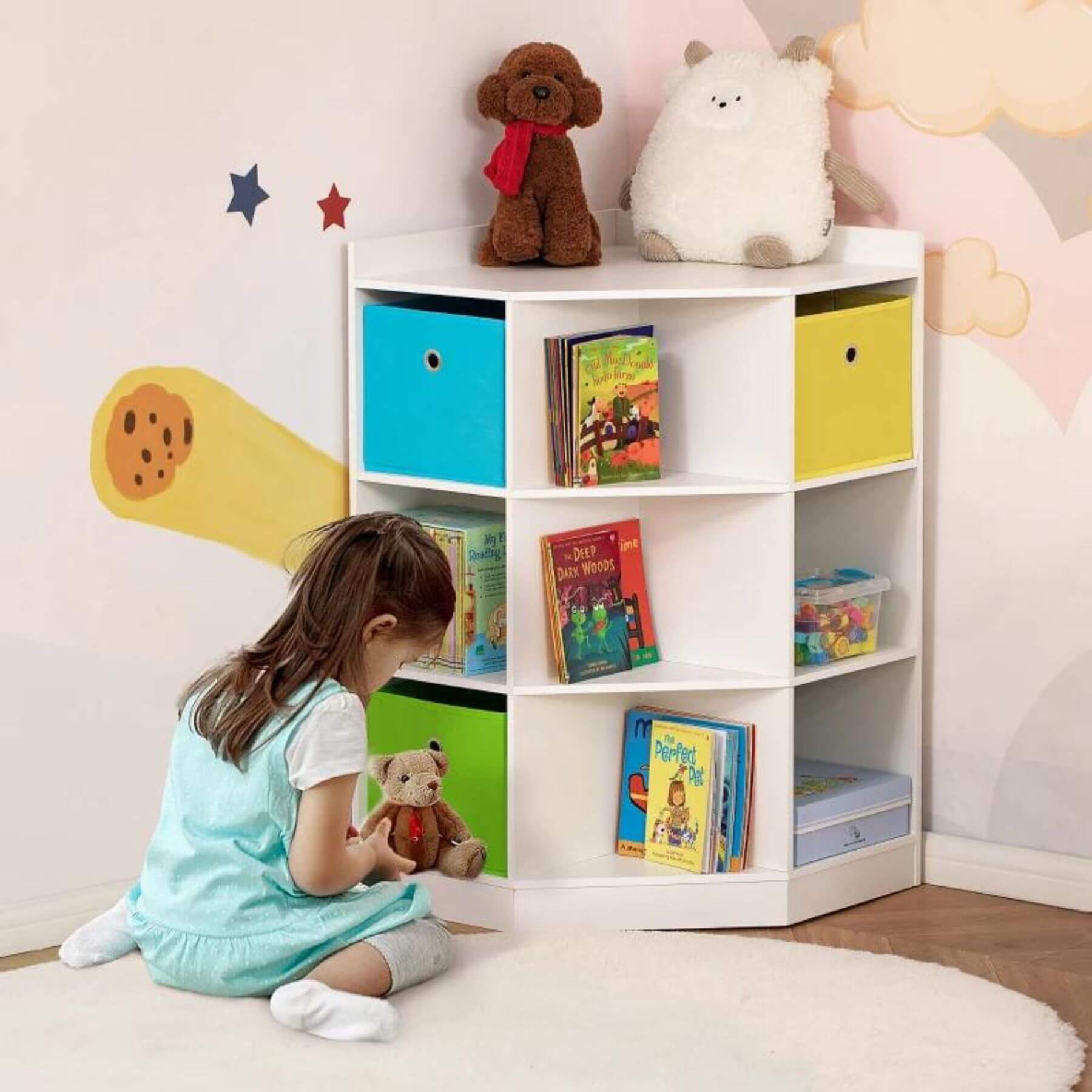 Girl Playing in front of HOMCOM Kids Corner Cabinet White