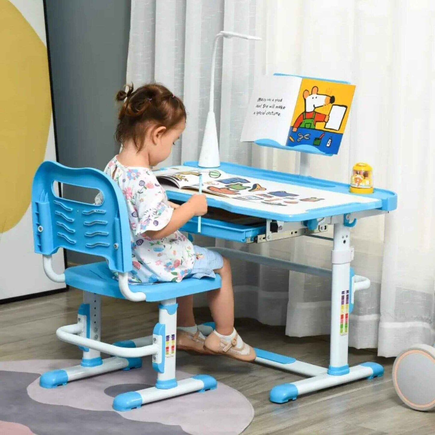 Girl Studying at Qaba Kids Desk and Chair Set, Height Adjustable School Study Table and Chair, Blue