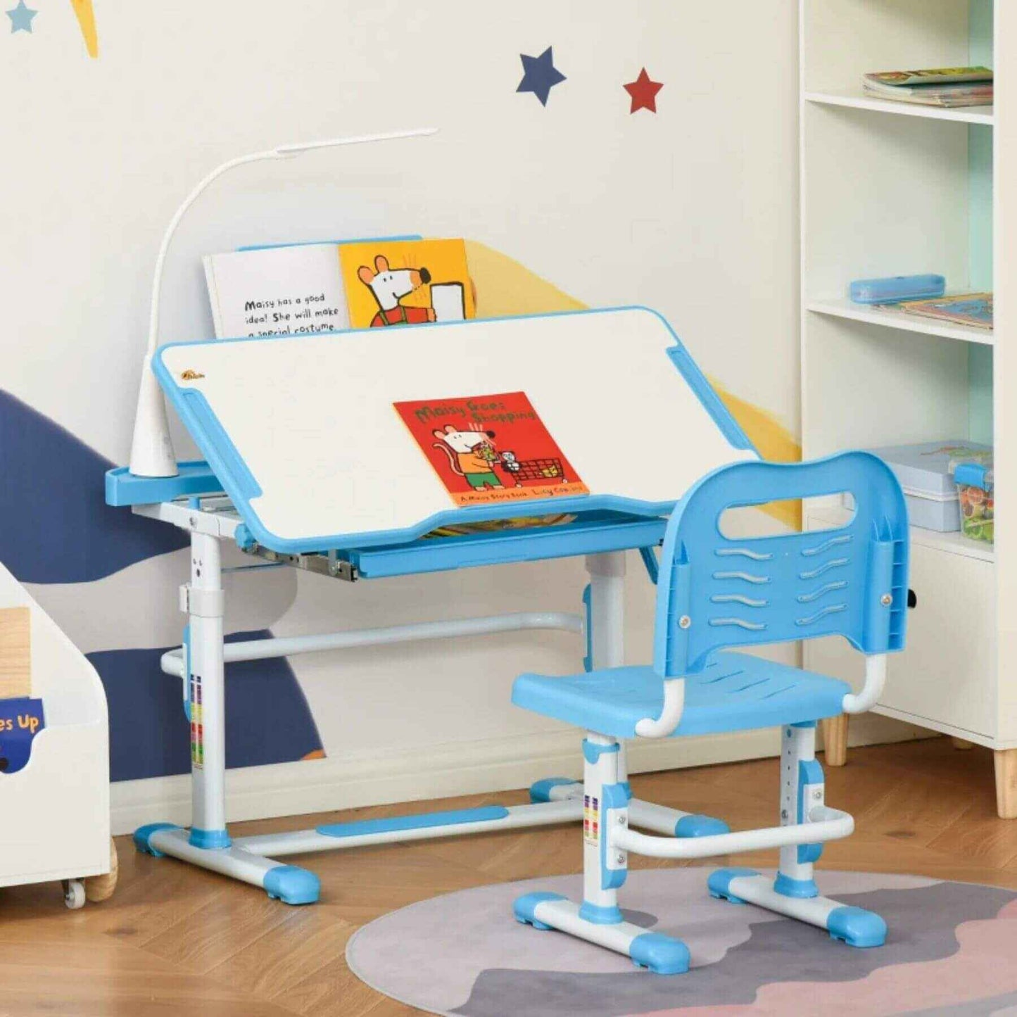 Qaba Kids Desk and Chair Set, Height Adjustable School Study Table and Chair, Blue