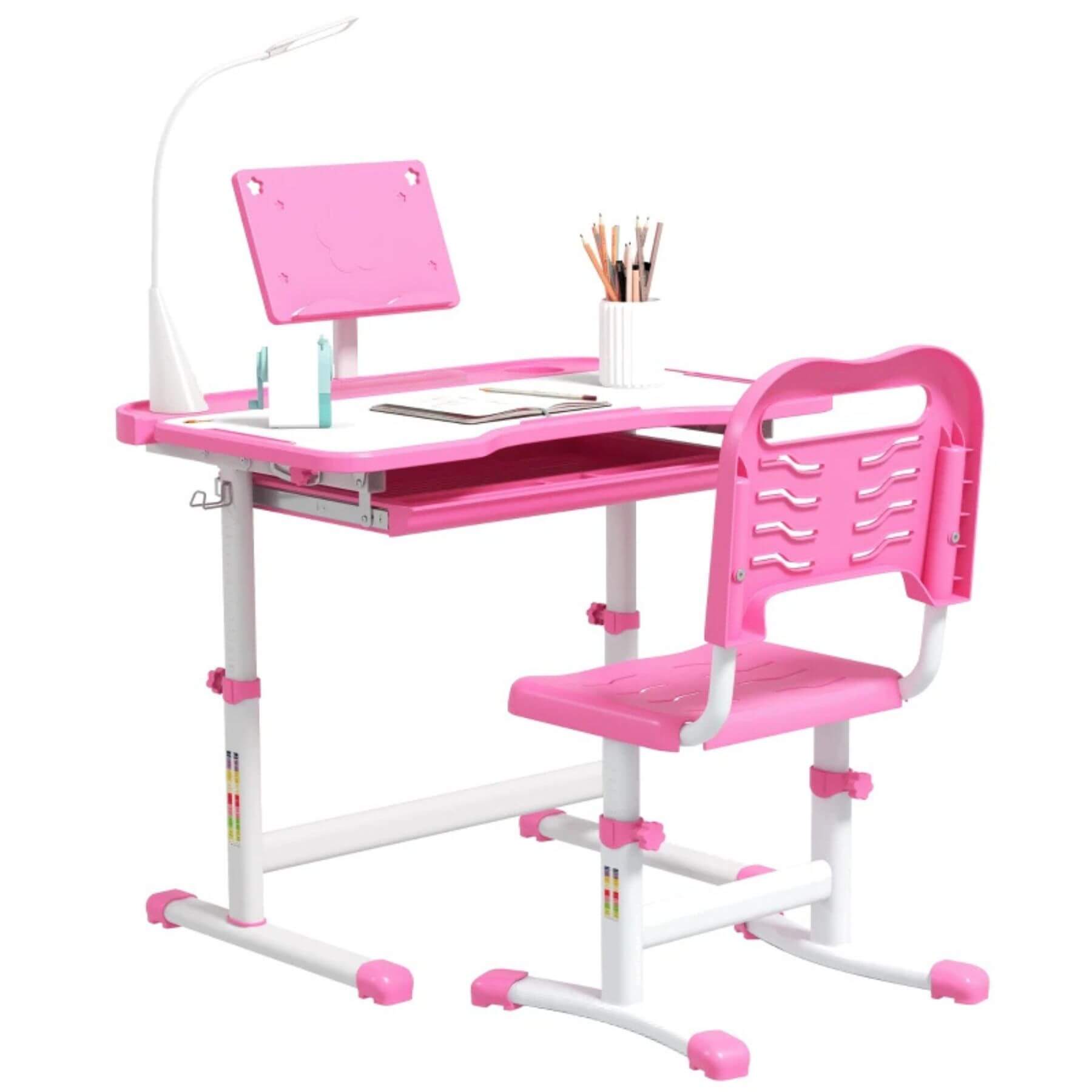 Qaba Kids Desk and Chair Set with USB Light, Storage Drawer, Pink