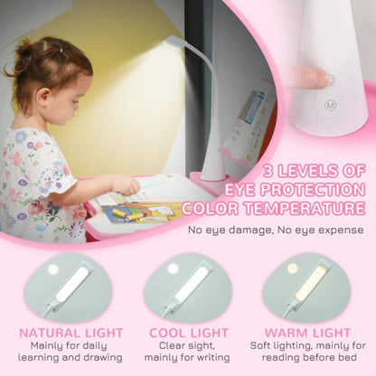 Girl Studying at Qaba Kids Desk and Chair Set with USB Light, Storage Drawer, Pink
