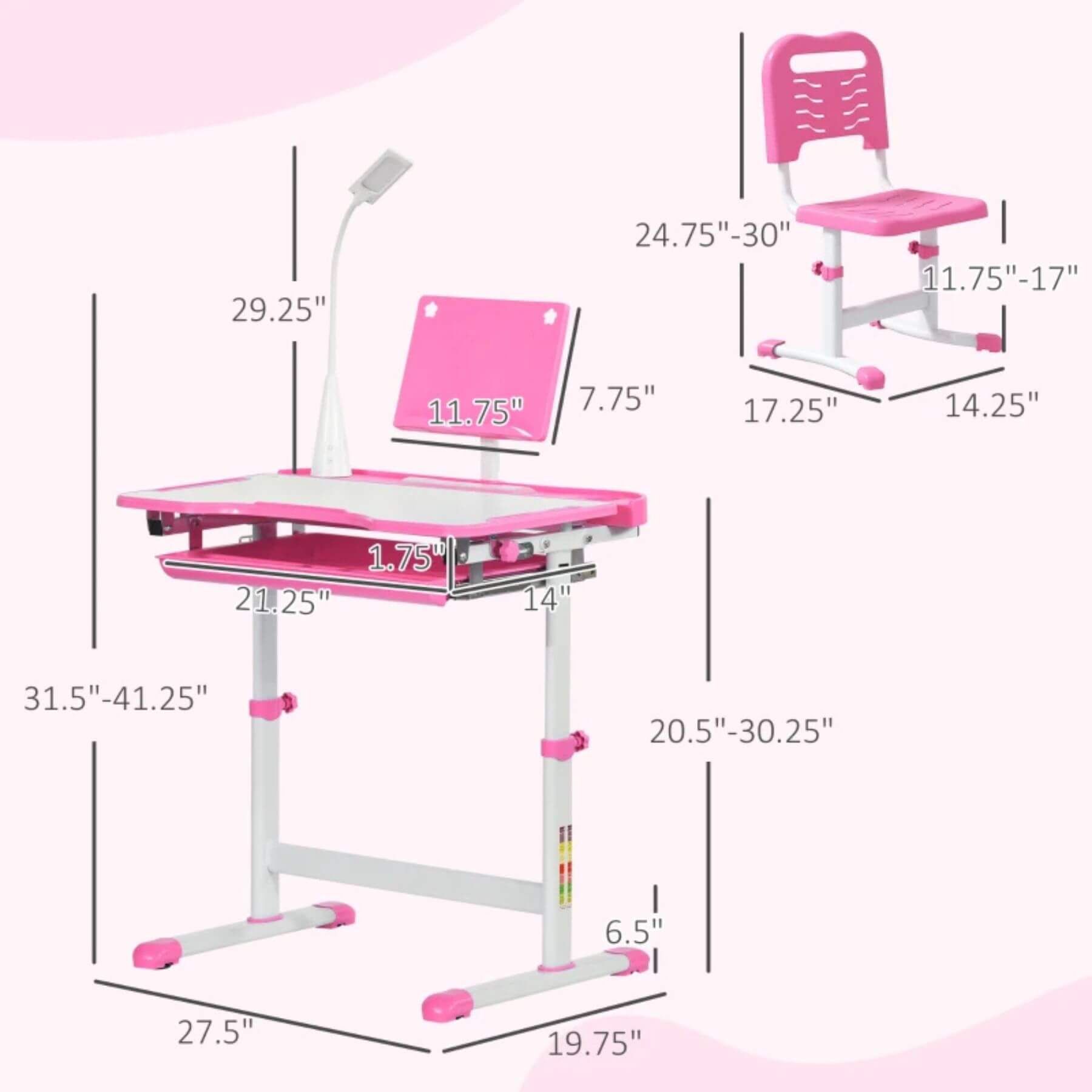 Qaba Kids Desk and Chair Set with USB Light, Storage Drawer, Pink