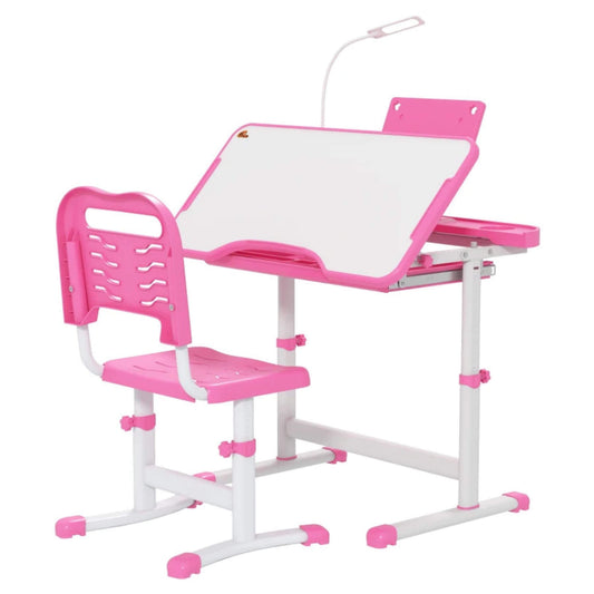 Qaba Kids Desk and Chair Set with USB Light, Storage Drawer, Pink