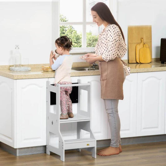 Kid Standing on Qaba Kids Kitchen Step Stool with Adjustable Standing Platform Grey