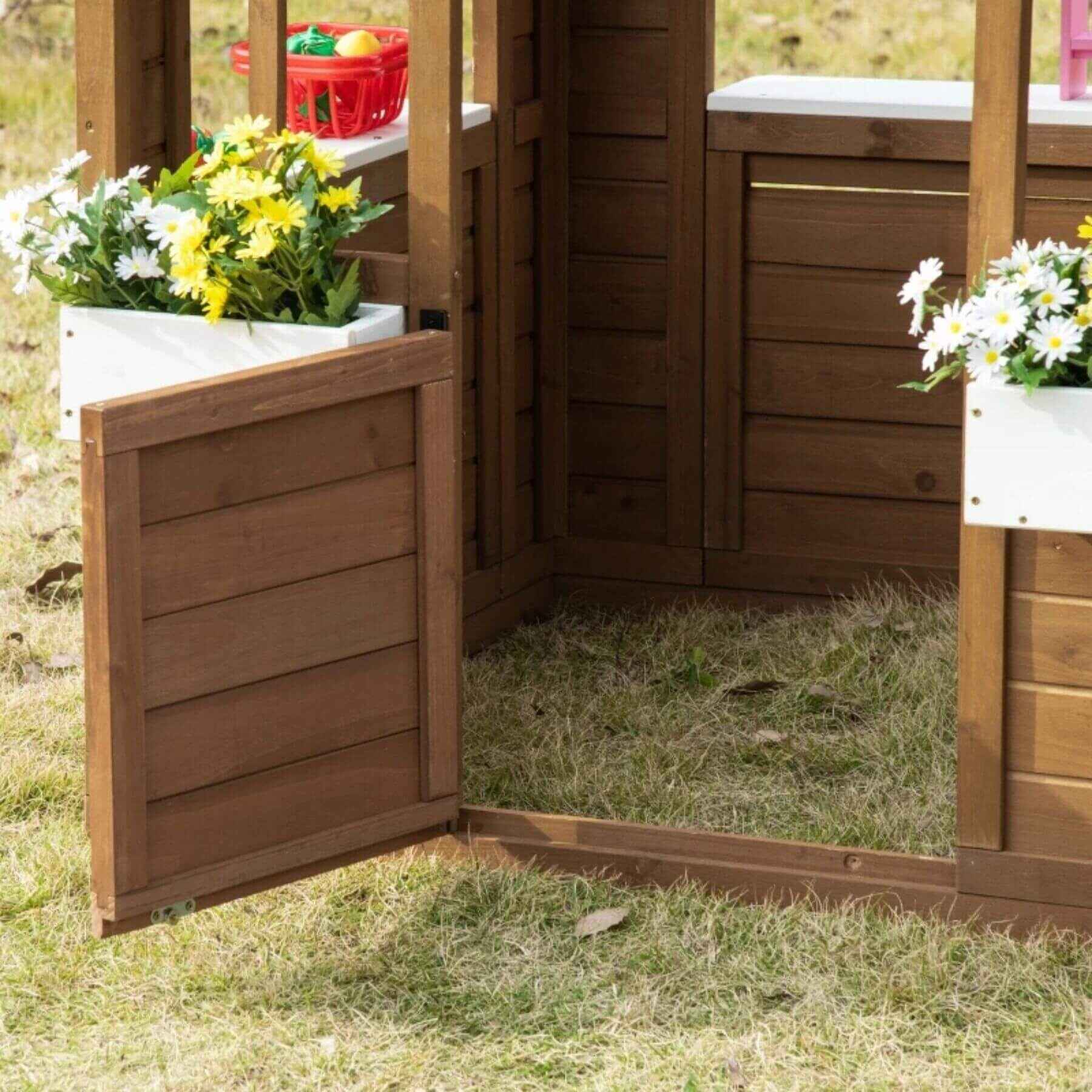 Detail of Outsunny Kids Outdoor Wooden Playhouse Brown