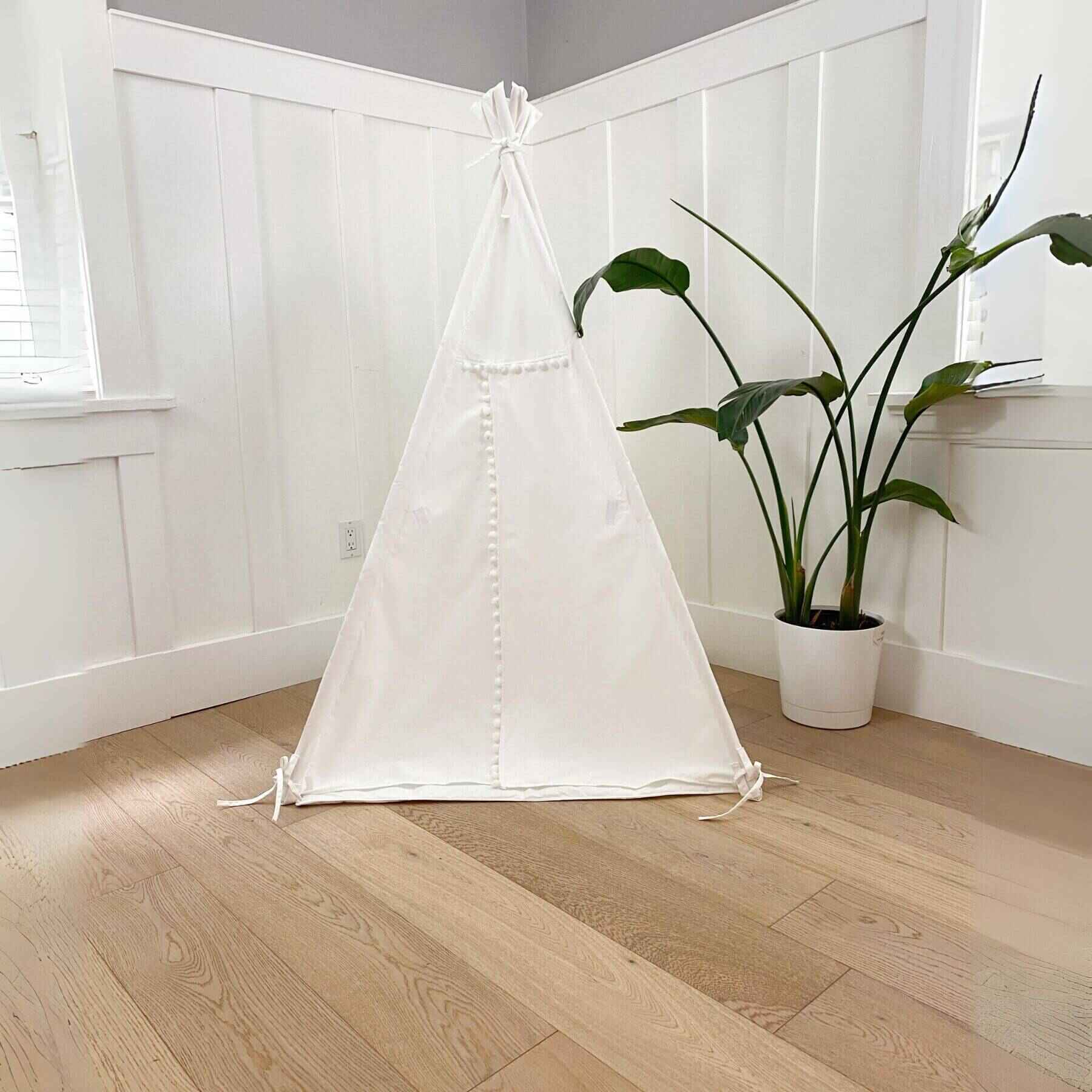 Domestic Objects Handmade Kids Play Tent in Cotton Canvas, White Pom Pom Trim