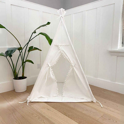 Domestic Objects Handmade Kids Play Tent in Cotton Canvas, White Pom Pom Trim