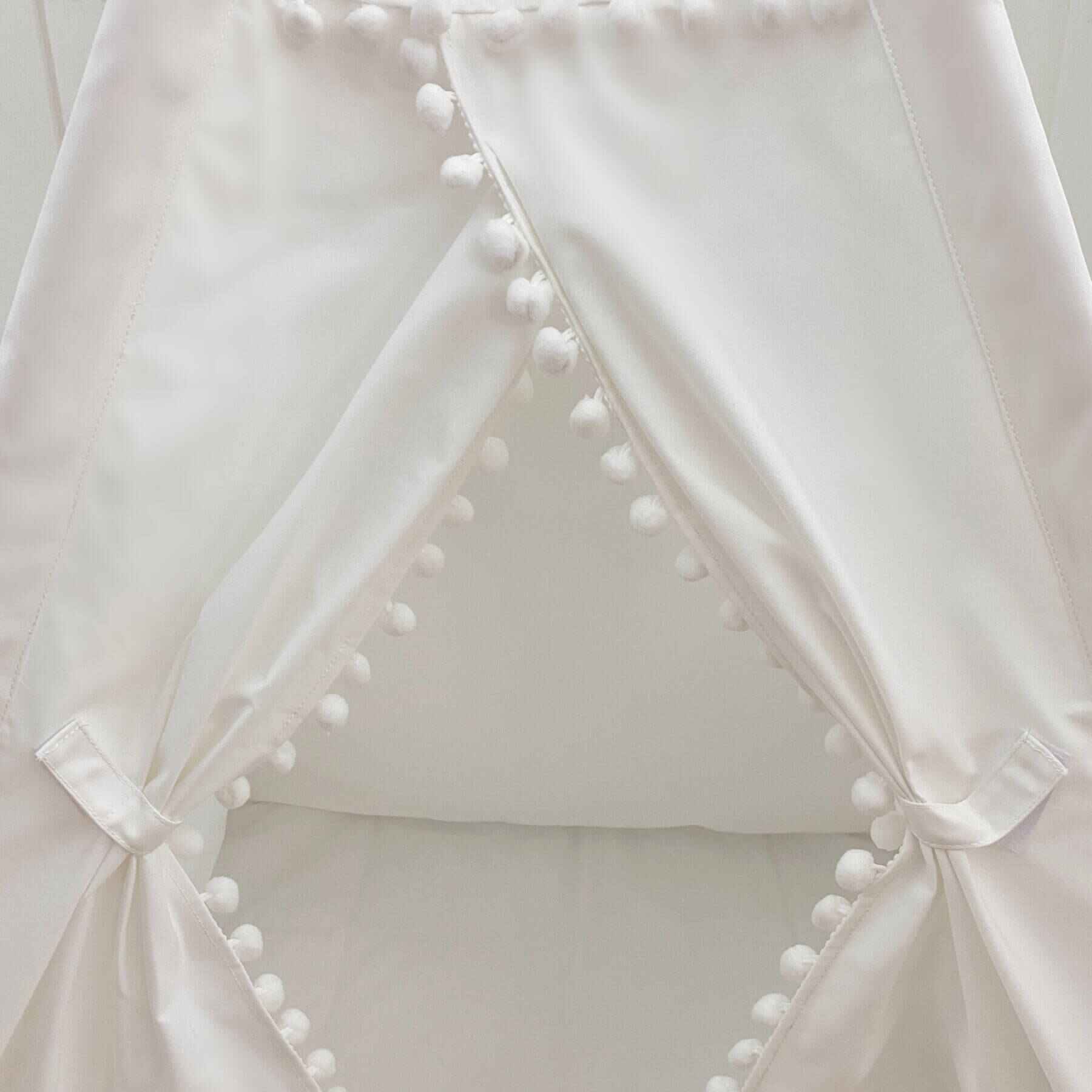 Detail of Domestic Objects Handmade Kids Play Tent in Cotton Canvas, White Pom Pom Trim