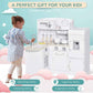 Girl Playing Qaba Kids Pretend Wooden Kitchen Set, for Age 3 Years, White