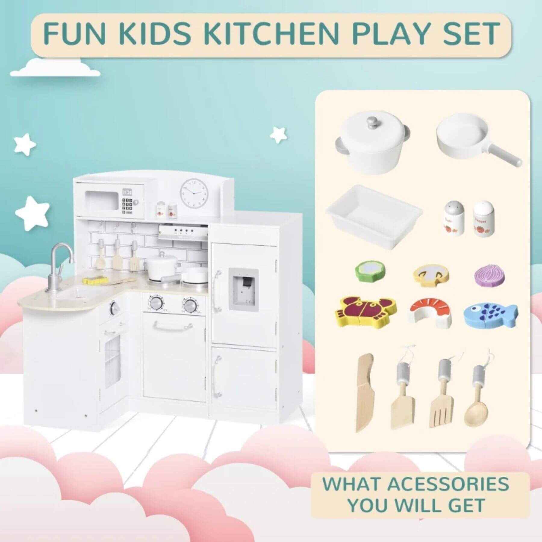 Qaba Kids Pretend Wooden Kitchen Set, for Age 3 Years, White