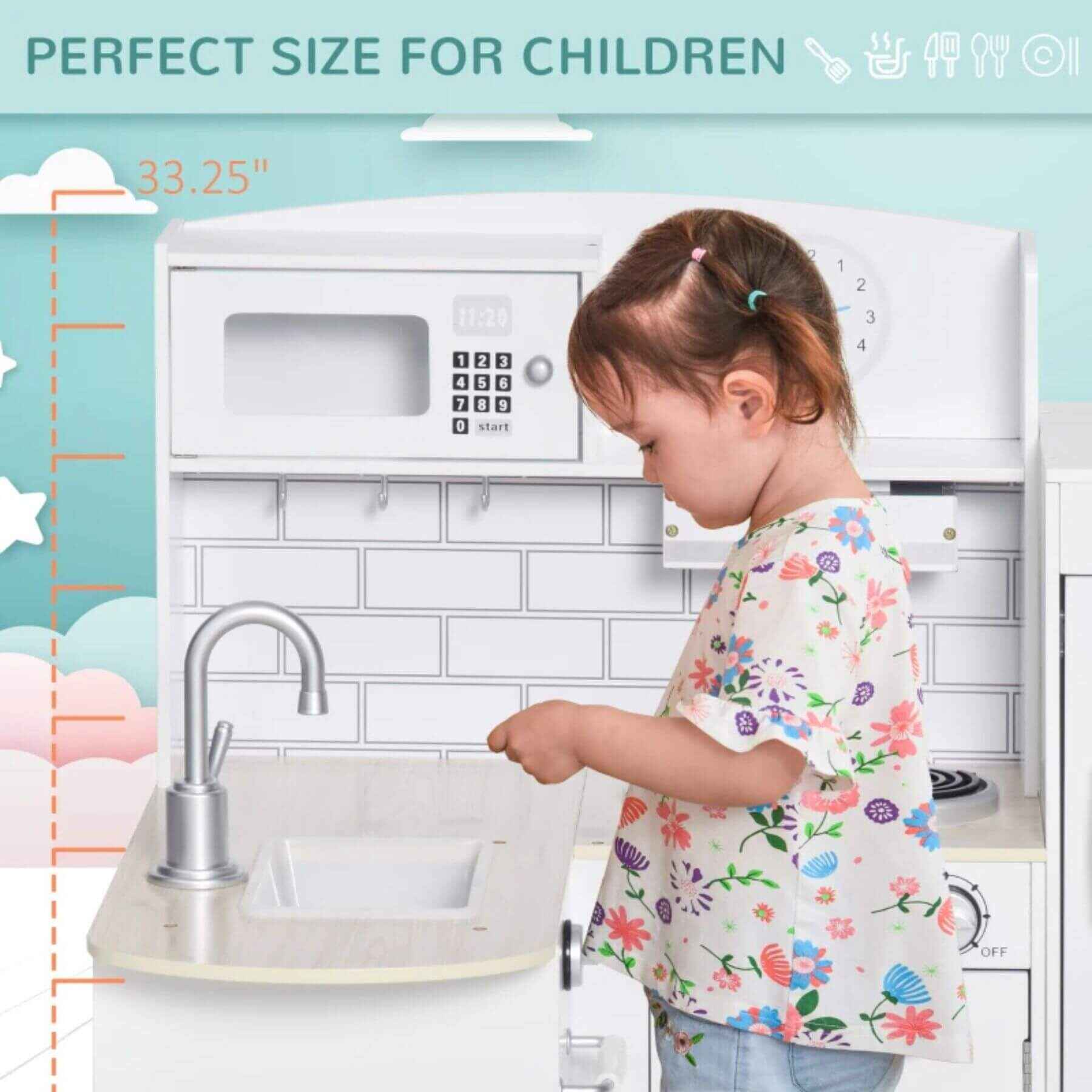 Girl Playing w/ Qaba Kids Pretend Wooden Kitchen Set, for Age 3 Years, White