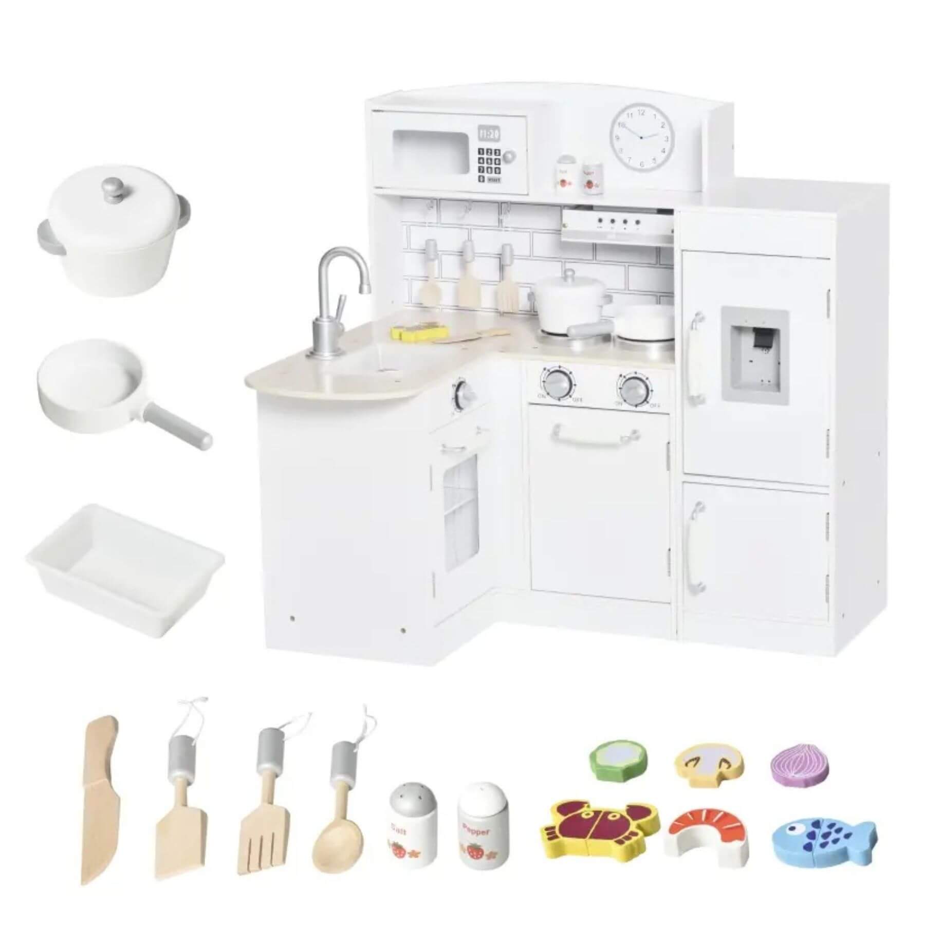 Qaba Kids Pretend Wooden Kitchen Set, for Age 3 Years, White