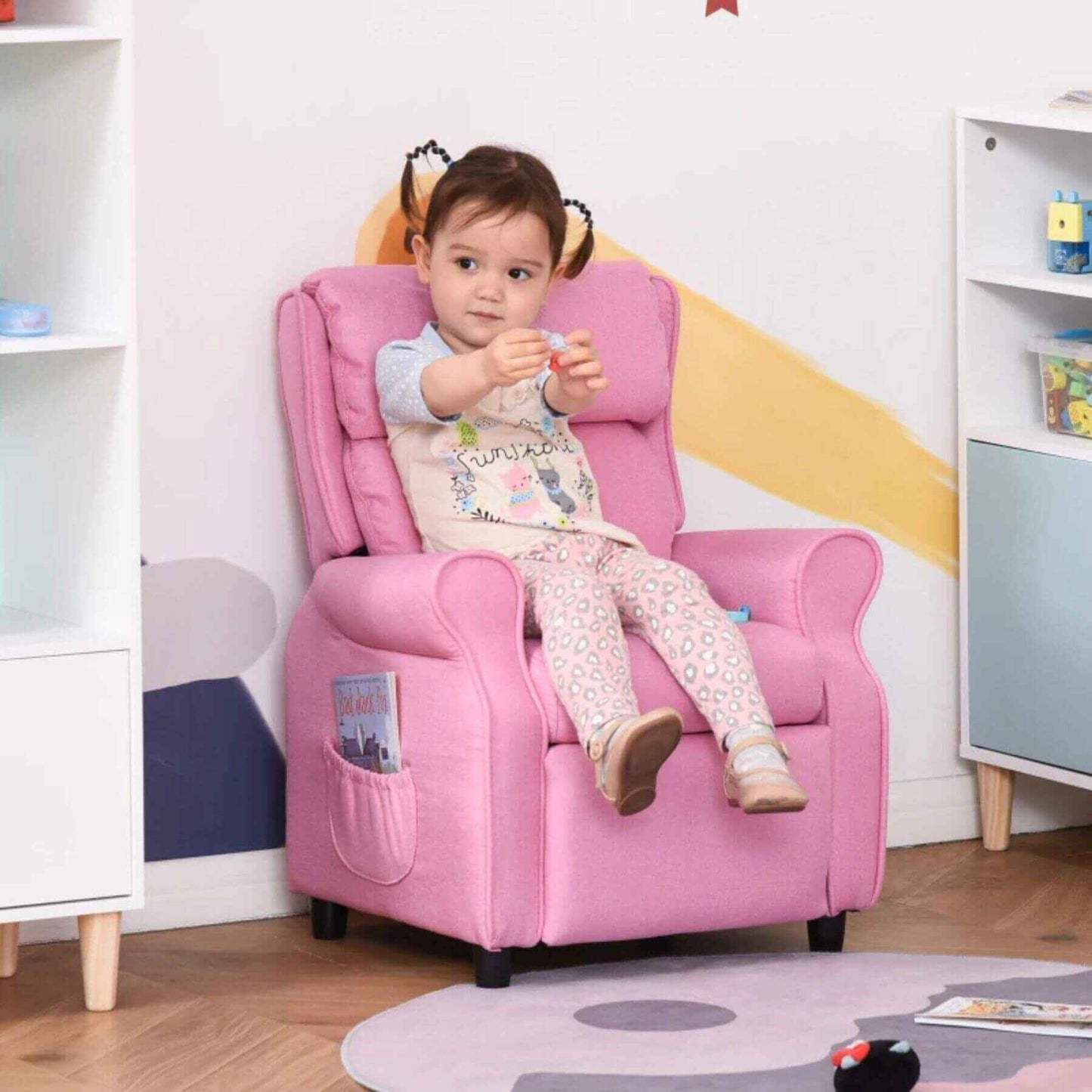 Girl Sitting on Qaba Kids Recliner Chair Children Sofa Angle Adjustable Single Lounger, Light Pink