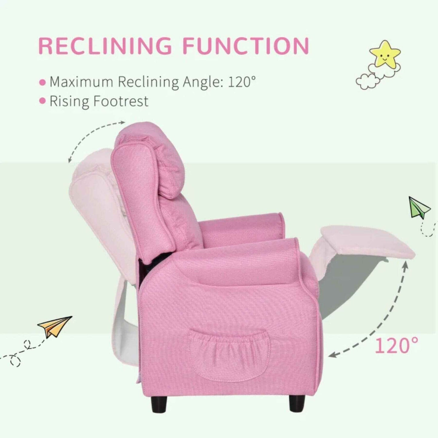 Side View of Qaba Kids Recliner Chair Children Sofa Angle Adjustable Single Lounger, Light Pink