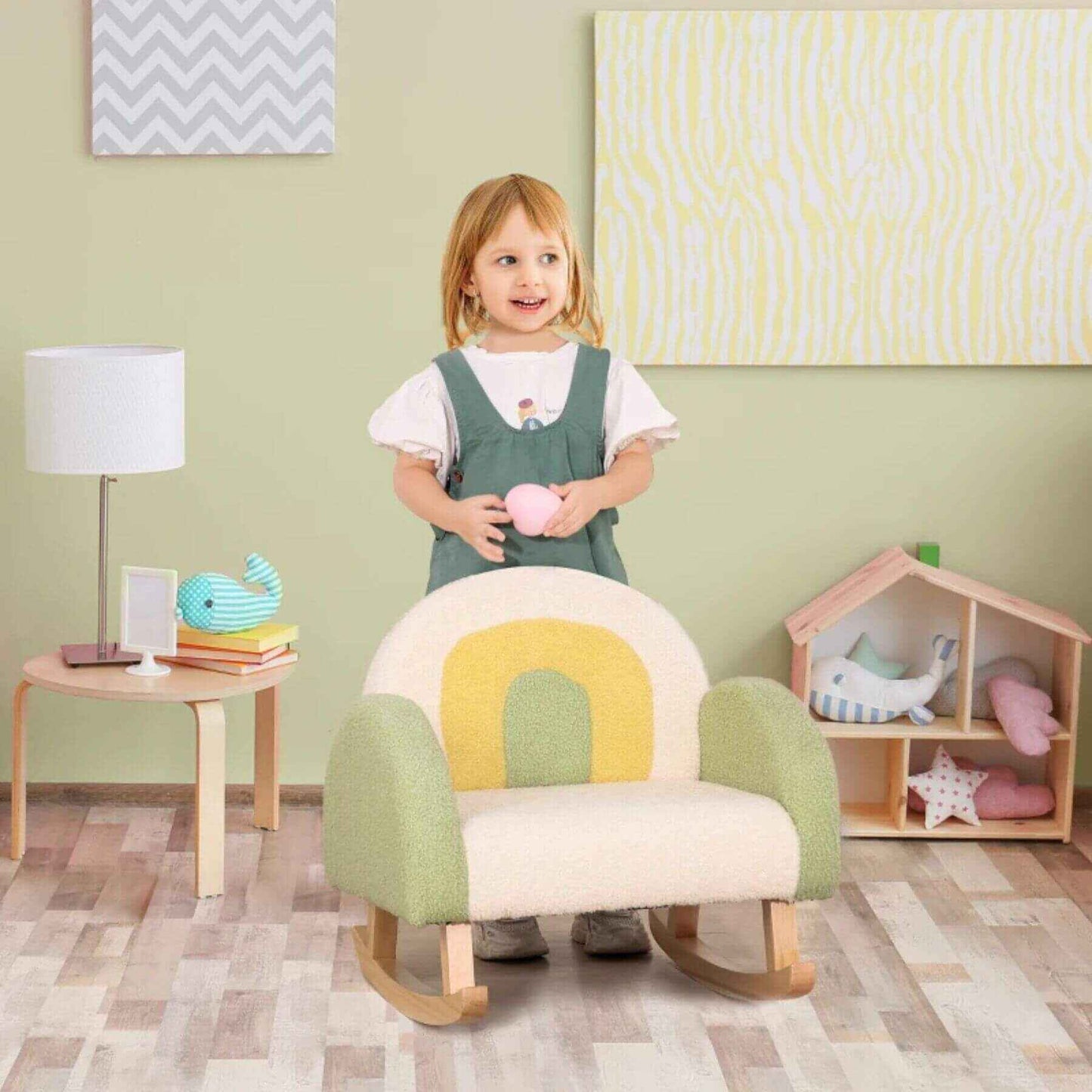 Girl Standing Behind Qaba Kids Rocking Sofa Chair Green