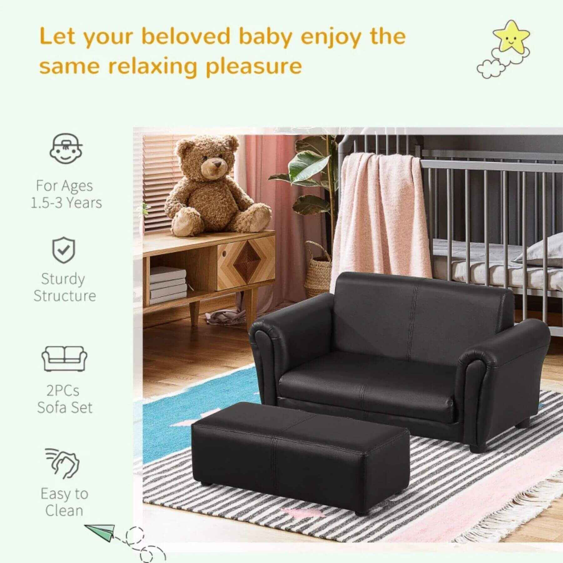 Qaba Kids Sofa Set with Footstool for Toddlers and Babies, Black