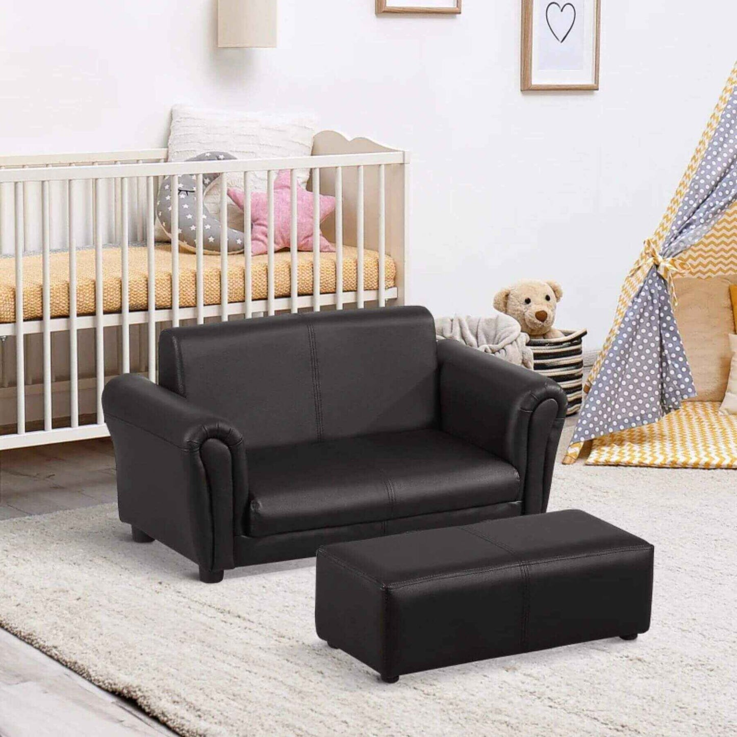 Qaba Kids Sofa Set with Footstool for Toddlers and Babies, Black