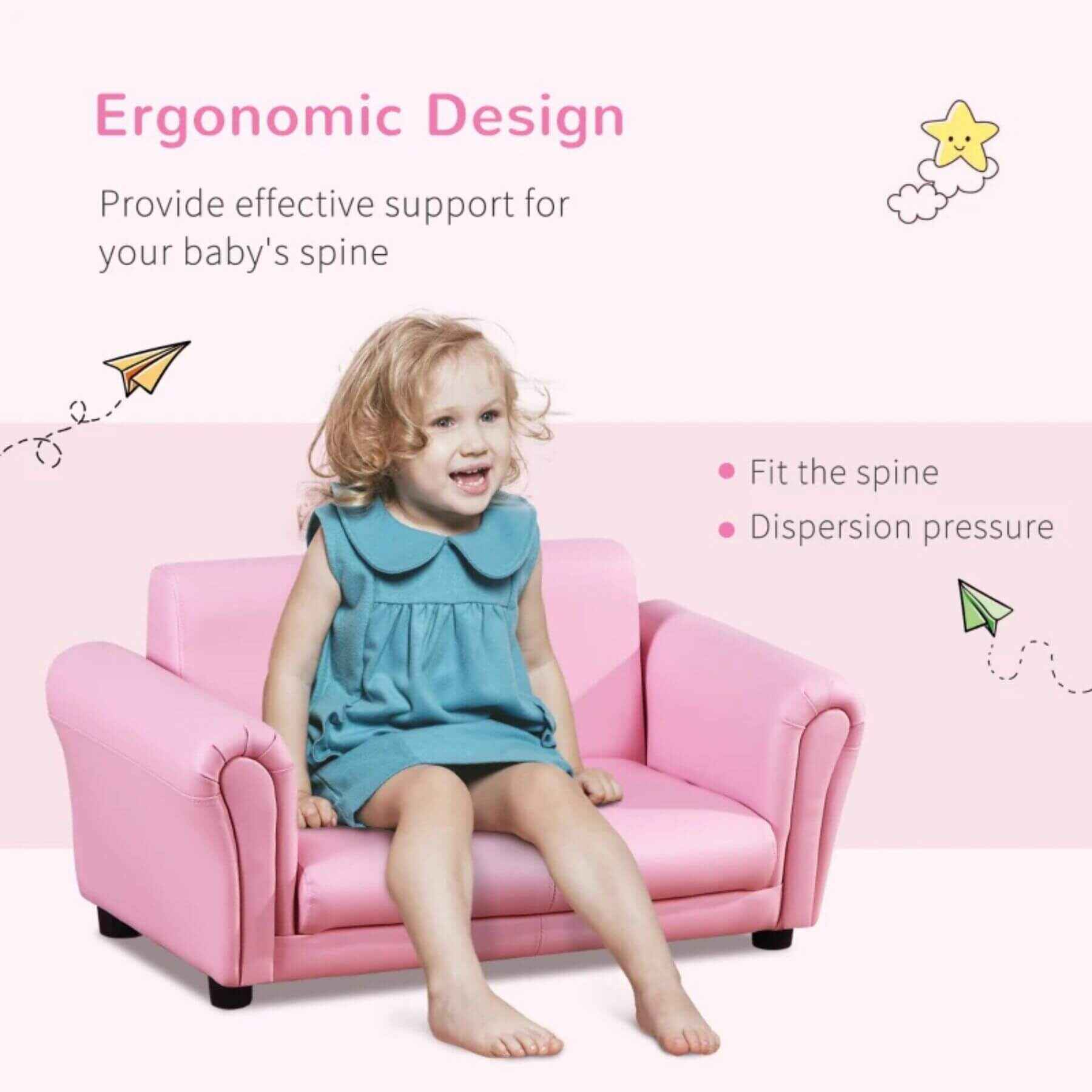 Girl Sitting on Qaba Kids Sofa Set with Footstool for Toddlers and Babies, Pink