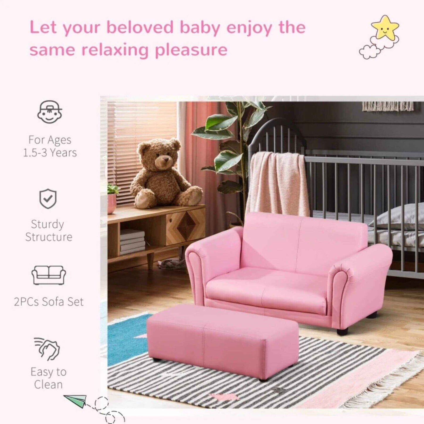 Qaba Kids Sofa Set with Footstool for Toddlers and Babies, Pink