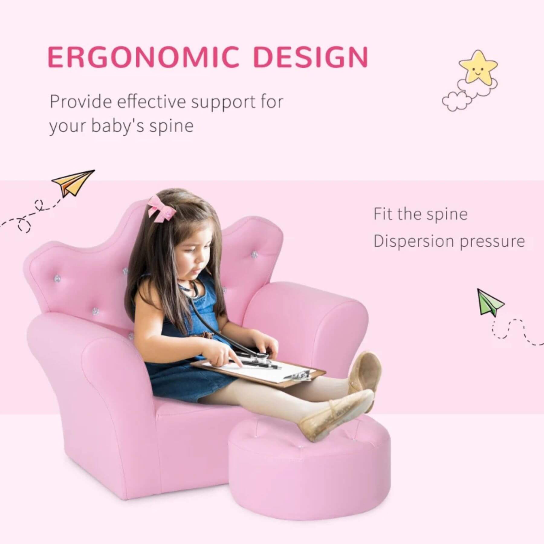 Girl Sitting on Qaba Kids Sofa Set with Footstool, Princess Sofa with Diamond Decoration, Pink