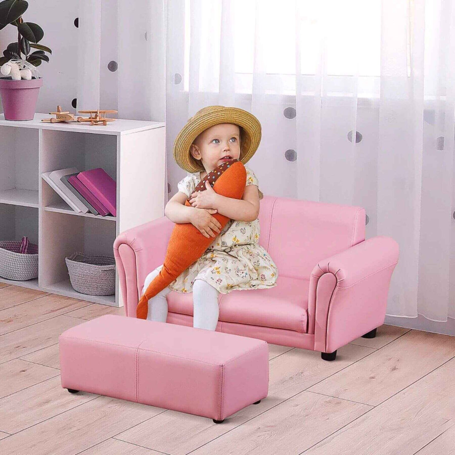 Girl Sitting on Qaba Kids Sofa Set with Footstool for Toddlers and Babies, Pink