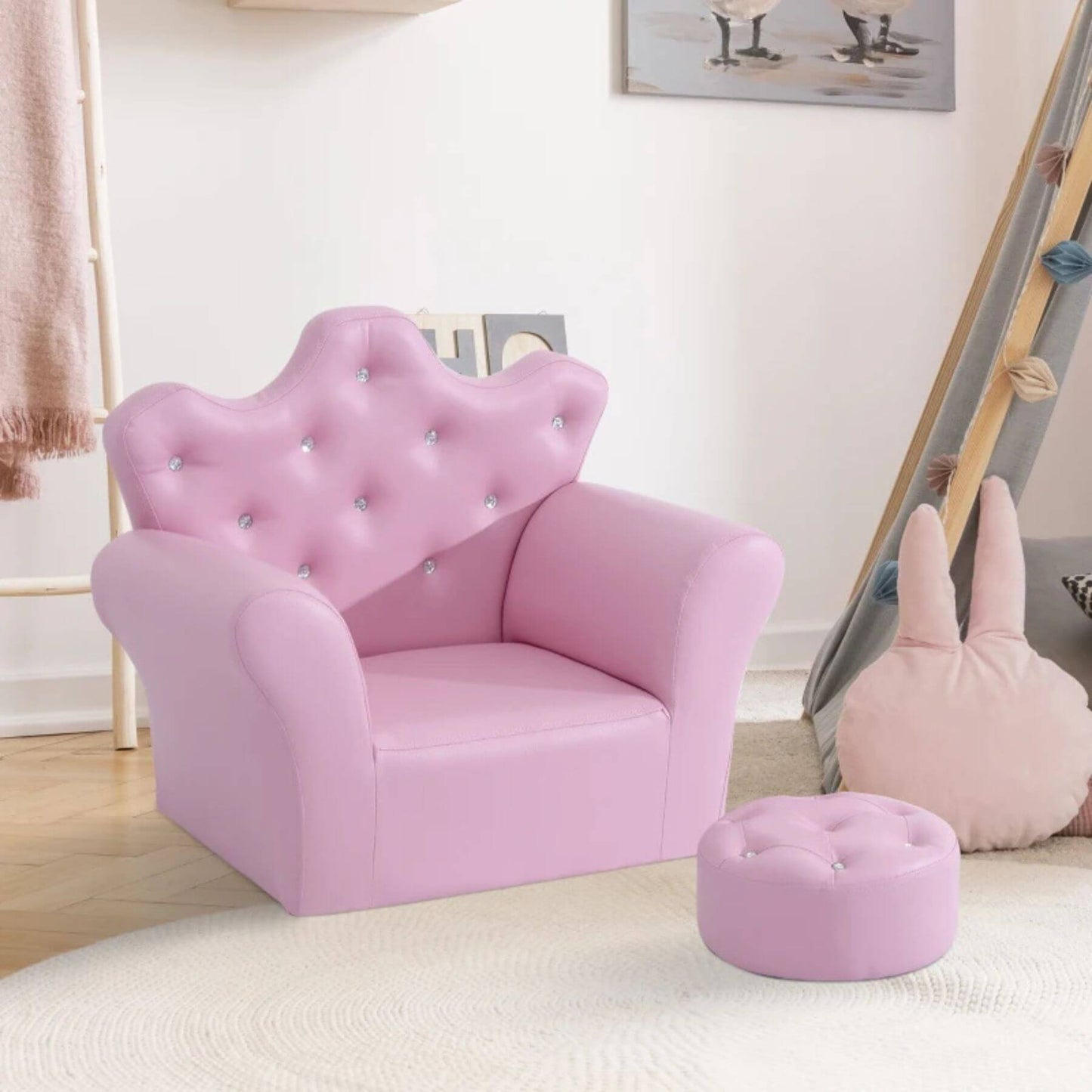 Qaba Kids Sofa Set with Footstool, Princess Sofa with Diamond Decoration, Pink